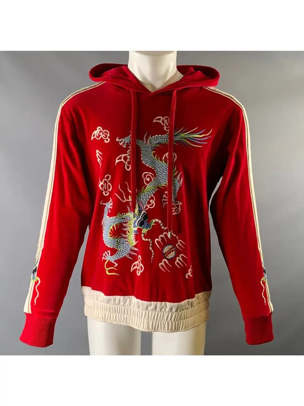 GUCCI Size M Red Cream Cotton Hooded Sweatshirt